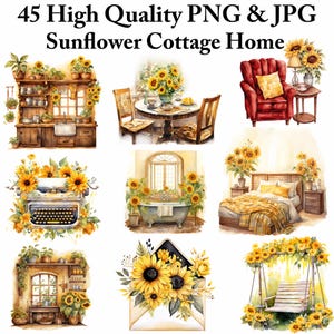 Zestaw clipartów Sunflower Cottage Home – wysokiej jakości PNG, drukowany wystrój domu ze słonecznikami, kuchnia w stylu rustykalnym, przytulny pokój Cottagecore