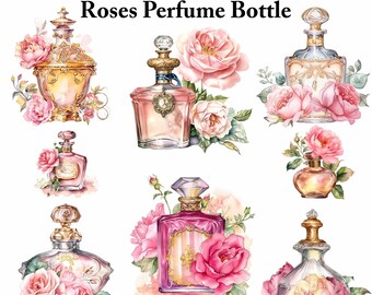 Watercolor Perfume Bottle Clipart: Vintage Roses, PNG & JPG Files