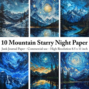 Montanha noite estrelada lixo diário páginas estilo van gogh scrapbook fundo encantado paisagem folhas de colagem, kit de papel digital para impressão