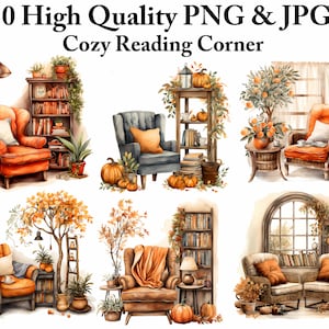 Watercolor Cozy Reading Corner Clipart Bundle | Fall Chair, Book Nook, Cottagecore PNG JPG, Autumn Room Decor, Book Lover, Printable Art