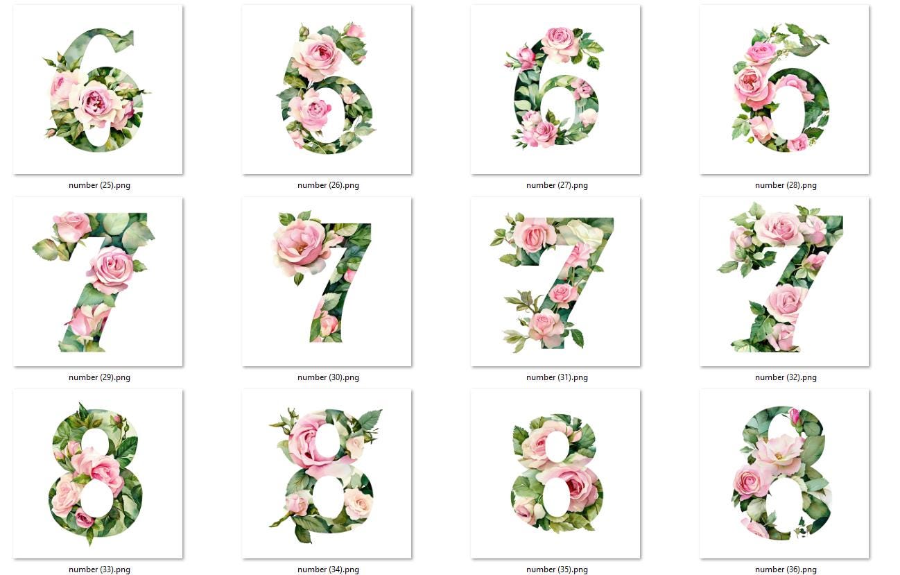 Number 16 Roses Shape Watercolor Rose Numbers Clipart Set: Floral Digit Printables (PNG & JPG ...