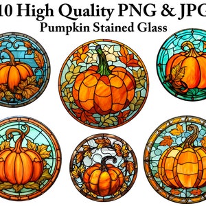 May include: Ten high quality PNG and JPG images of stained glass pumpkins with fall foliage in various colors. The pumpkins are orange with a textured surface and are surrounded by leaves in shades of red, orange, yellow, and green.