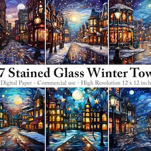 17 Printable Stained Glass Winter Town Digital Paper, Winter Holiday Background, Winter Landscape Cards, Download Junk Journal, Scrapbooking
