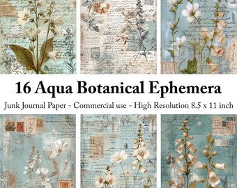 Blue Botanical Junk Journal Paper: Vintage Ephemera Collage (Digital Download)