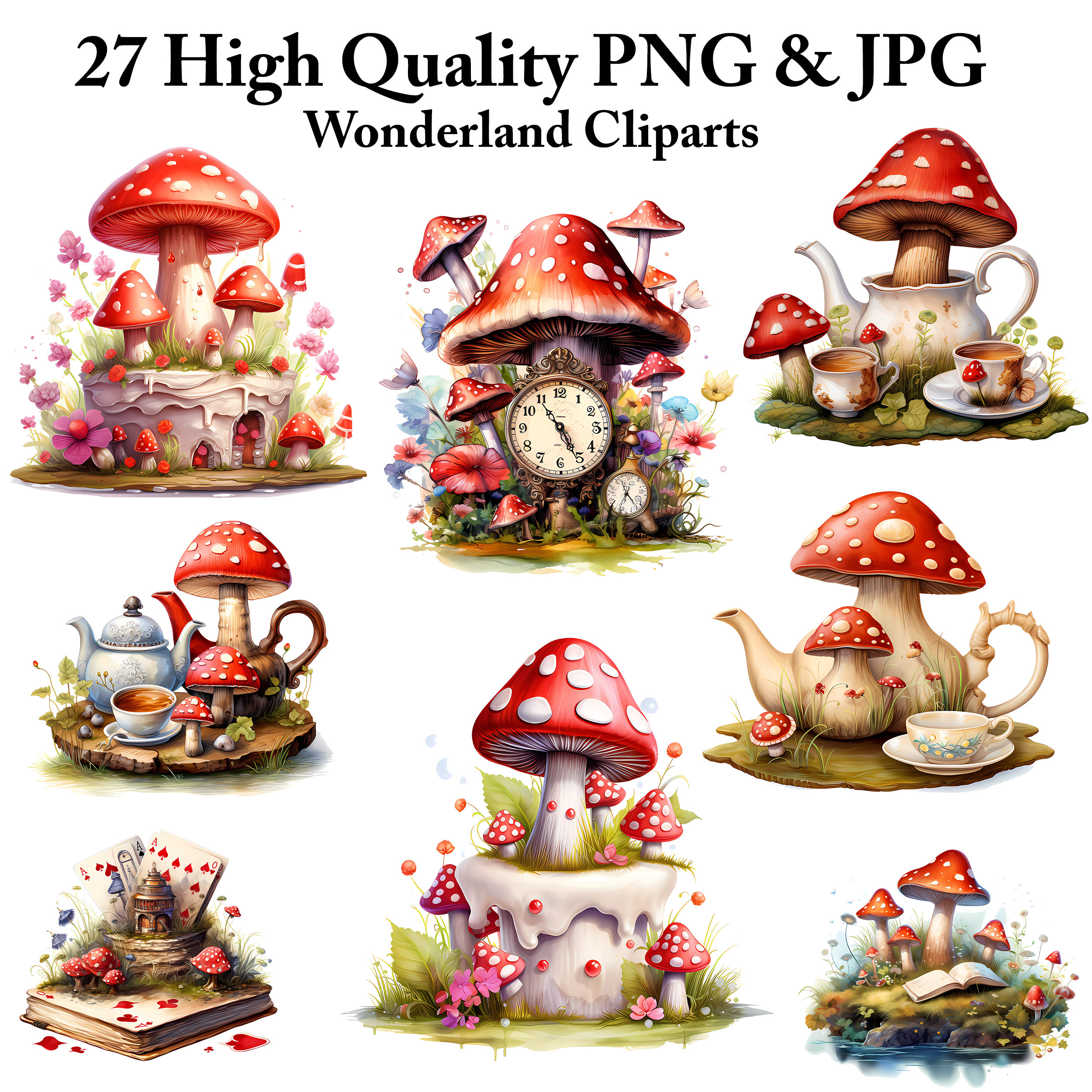 Watercolor Alice in Wonderland Mushroom Clipart: Fairytale PNG Bundle (Digital Download)