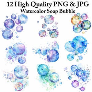 May include: Watercolor soap bubble digital art in various sizes and colors, including blue, purple, and green. The image includes the text "12 High Quality PNG & JPG Watercolor Soap Bubble". These bubbles are perfect for digital art projects.