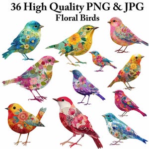 Watercolor Flower Bird Clipart, 36 PNG Printable Birds, Digital Download for Scrapbooking Crafts, Whimsical Floral Birds, Printable Ephemera