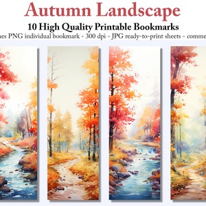10 Watercolor Autumn Landscape Printable Bookmarks Digital Download JPG Bookmark Sheets PNG bookmark sublimation Print and Cut Bookmarks
