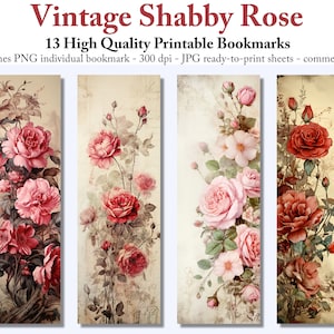 Watercolor Vintage Shabby Roses Printable Bookmark,Digital Download, Book Lover Gift, Instant Downdload, Junk Journal Kit
