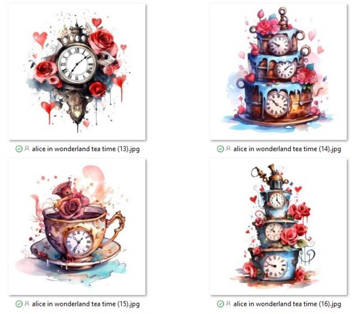 Whimsical Wonderland: Alice's Enchanted Tea Time Watercolor Clipart