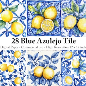 28 papiers numériques Citron méditerranéen et carreaux bleus |  Carrelage aquarelle bleu portugais azulejo et motifs citrons papier pour sublimation artisanat