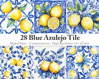 Lemon & Blue Azulejo Tile Digital Paper: Mediterranean Patterns (Digital Download)