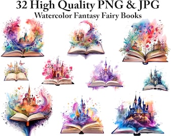 32 Watercolor Fantasy Books Clipart: Open Book PNG Bundle