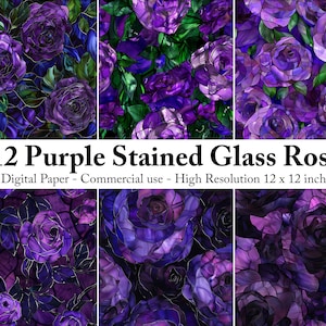 May include: Twelve digital paper designs featuring a purple stained glass rose pattern. Each design is 12 inches by 12 inches.