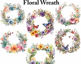 Watercolor Floral Wreath Clipart Set: Elegant Flower Designs (PNG JPG Digital Downloads)