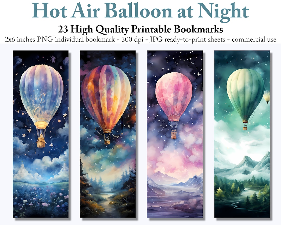 23 Watercolor Hot Air Balloon Night Printable Bookmarks Digital ...