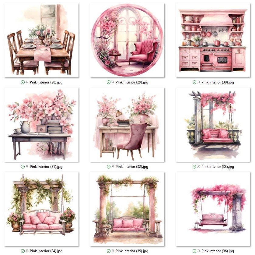 Watercolor Pink Interior Clipart: Feminine Room Decor (digital Download ...