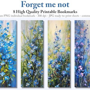 Marque-pages imprimables Myosotis - Art floral pour les amateurs de livres en téléchargement numérique Feuilles de marque-page JPG Marque-page PNG par sublimation, impression et découpe