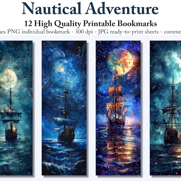 Celestial Nautical Adventure Bookmarks - 12 Printable Ship & Moon Night Sky Bookmarks for Readers Download JPG Bookmark Sheets PNG bookmark