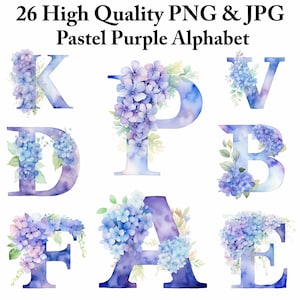 Alfabeto floral morado pastel: Letras de acuarela (descarga digital)