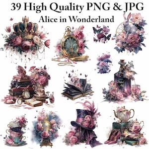 Pacchetto Clipart di Alice nel Paese delle Meraviglie - 39 Clipart fantasy, Vintage Tea Party, Cappellaio Matto, Coniglio, Effimere,