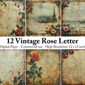 Printable Parisian Vintage Rose Letter Papers, Vintage Romantic Digital Paper, Rose Digital Paper, Vintage Paper, Download Junk Journal