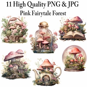 11 PNG Watercolour Pink Wonderland Clipart, Enchanted Forest png, Fairytale Clipart, Pink Magic Forest PNG Images, Wonderland Bundle