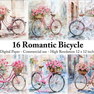 Druckbares romantisches Fahrrad Aquarell digitales Papier, romantisches digitales Papier, Vintage Fahrrad mit Blumen, Download Junk Journal