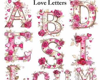Floral Alphabet Clipart: Pink Rose Letters, Valentine's Monogram (PNG & JPG Digital Download