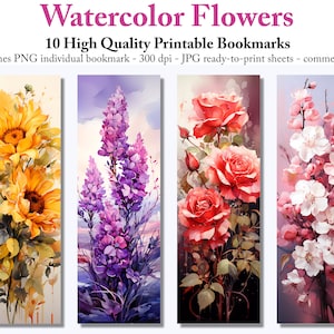 Watercolor Flowers Printable Bookmarks: Floral Designs (Digital Download)