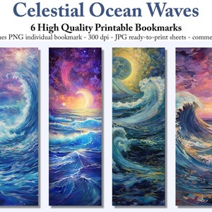Celestial Ocean Waves aquarel bladwijzers afdrukbare kunst voor boekenliefhebbers digitale download JPG bladwijzer bladen PNG bladwijzer sublimatie