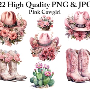 22 Pacchetto di Clipart Cowgirl rosa Cowboy Girl Clipart Acquerello Cowgirl Clipart Western Cowgirl Png Cowgirl Boot Clipart Cowgirl Sublimazione