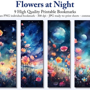 Watercolor Flowers Night Bookmarks: Printable Floral Designs (Digital Download)