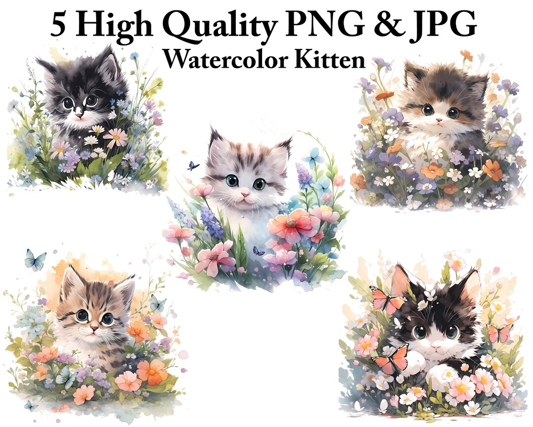 5 Watercolor Floral Cute Kitten Clipart PNG Bundle Digital Planners ...