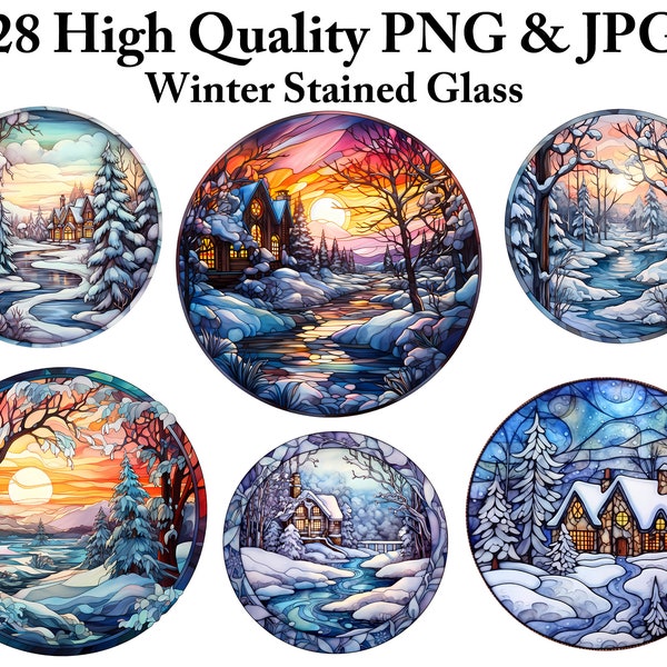 28 PNG Winter Clipart Snow Stained Glass Bundle Winter Clip Art Snow Design Elements Round Stained Glass Sublimation Designs Window Clipart