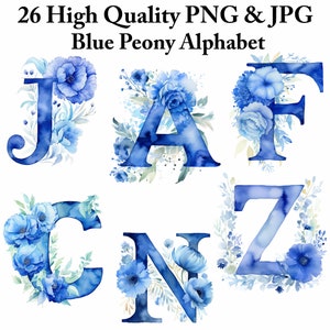 Elegante azul peonía acuarela alfabeto letras clipart - monograma floral PNG JPG paquete para artesanías y diseño flores paquete, uso comercial