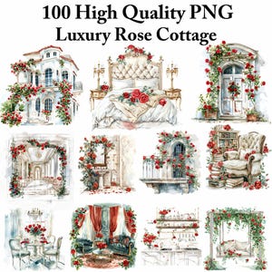 Luksusowy zestaw clipartów Rose Cottage, wysokiej jakości PNG, romantyczna rezydencja kwiatowa, elegancki wiktoriański wystrój domu, sypialnia z czerwonymi różami, Cottagecore