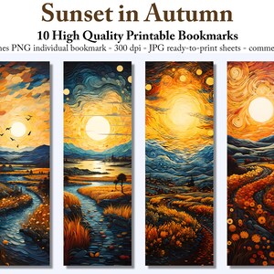 10 aquarela pôr do sol no outono paisagem marcadores para impressão van gogh arte download digital marcador de papel artesanato álbum de recortes
