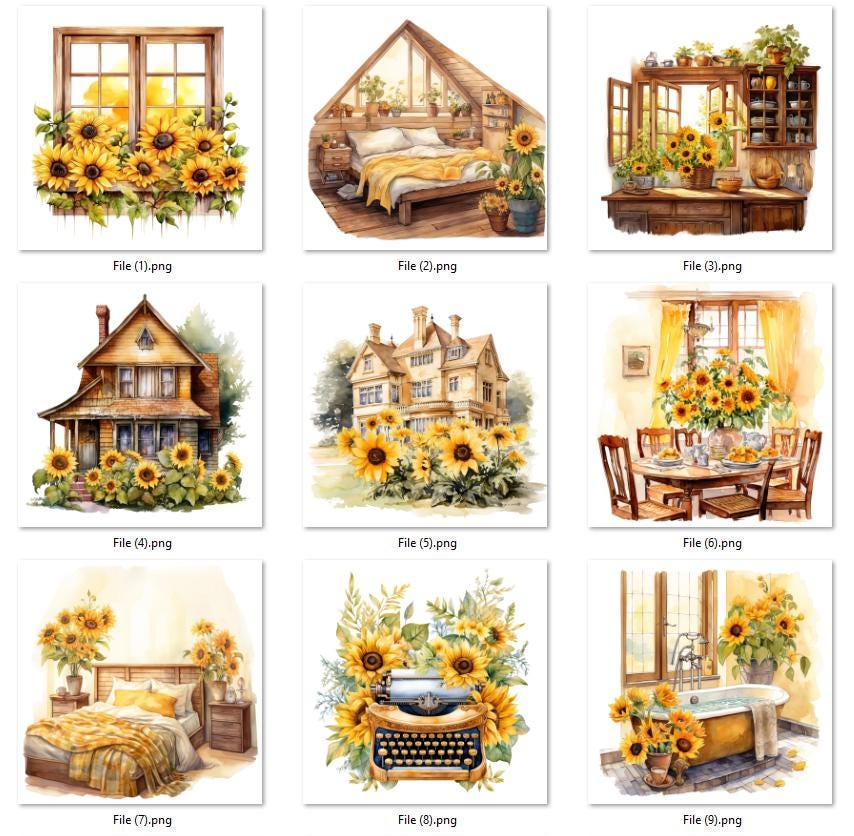 Sunflower Cottage Clipart Bundle: Watercolor Cottagecore PNG Images ...