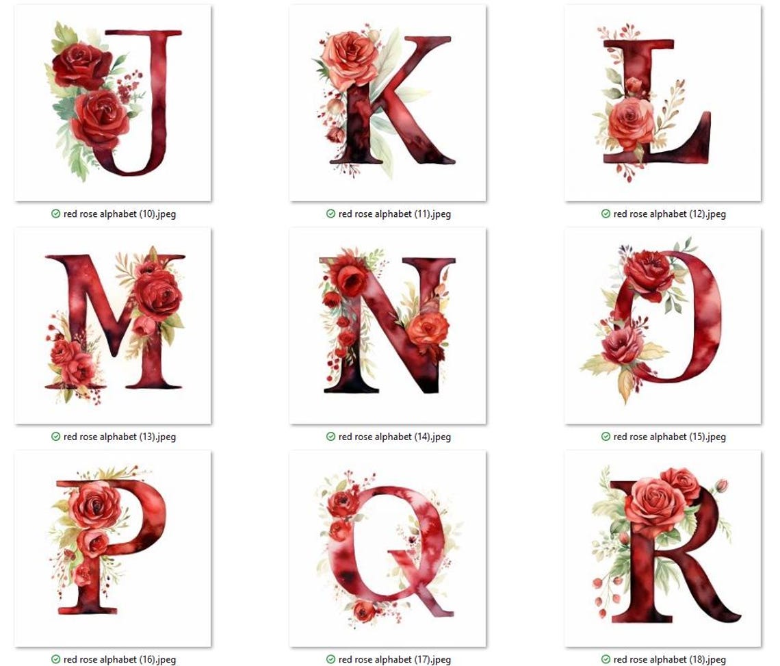Red Rose Floral Alphabet Clipart: PNG, JPG, Scrapbooking (digital ...