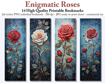 Enigmatic Roses Printable Bookmarks: Midnight Bloom Collection Digital Download, Book Lover Gift, Instant Downdload
