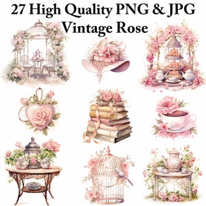 27 Eleganckie wiktoriańskie róże Vintage akwarelowe cliparty wiktoriańskie kwiaty scrapbook, dziennik śmieci, papierowe rzemiosło clipart PNG Bundle przytulny róg
