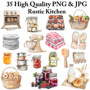 Rustic Kitchen Clipart Set – 35 Watercolor PNG JPG – Farmhouse Baking, Pantry Jars, Food, Kitchen Utensils, Digital Download, Cozy Farmhouse