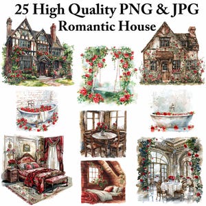 Zestaw Rose Nostalgic Clipart, Vintage Cottage PNG JPG, Romantyczny dom z różami, Łazienka w stylu shabby chic, Nostalgiczna sypialnia z kwiatami, Drukowana sztuka ścienna
