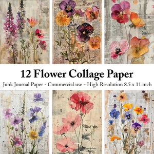 12 Wildflower Collage Junk Journal Pages – Vintage Botanical Digital Paper Scrapbooking, DIY Crafts, Ephemera floral Greenery Digital Paper