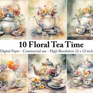 Bezaubernde florale digitale Papiere zur Teezeit: Aquarell-Eleganz-Sammlung, Junk Journal herunterladen, Scrapbook-Papier, druckbares Papier