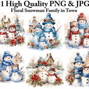 21 Watercolor Floral Snowman Family in Town Clipart PNG JPG, Digital Download, Commercial Use, Card Making, Winter Clipart, Family Portrait