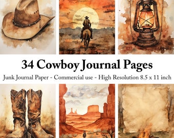 May include: 34 digital printable pages featuring watercolor illustrations of cowboy-themed imagery, including a cowboy hat, a cowboy riding a horse, a lantern, cowboy boots, a desert landscape, and a campfire. The text "34 Cowboy Journal Pages" and "Junk Journal Paper - Commercial use - High Resolution 8.5 x 11 inch" is included in the image.