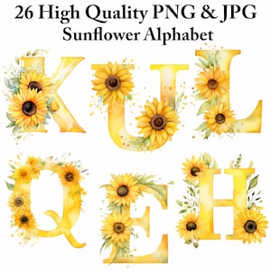 Sunny Sunflower Alphabet Clipart Junk Journals Scrapbooking Floral Letters Cliparts Set para manualidades de sublimación, Paquete de flores imprimibles