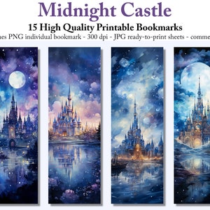 May include: 15 printable bookmarks featuring a whimsical watercolour illustration of a castle under a starry night sky with a full moon. The castle is reflected in the water below.